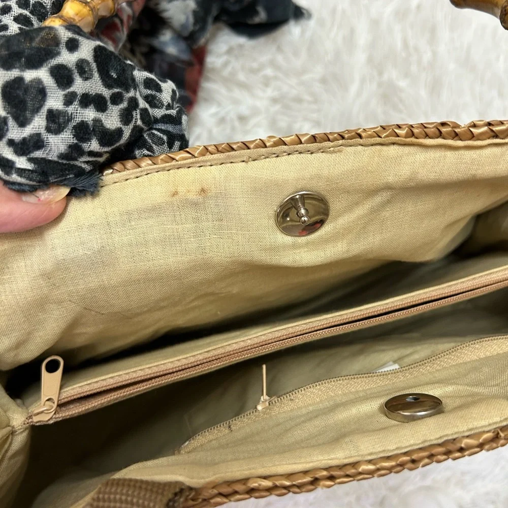 Woven Straw Tote Bag with Bamboo Handles and Black Floral Scarf